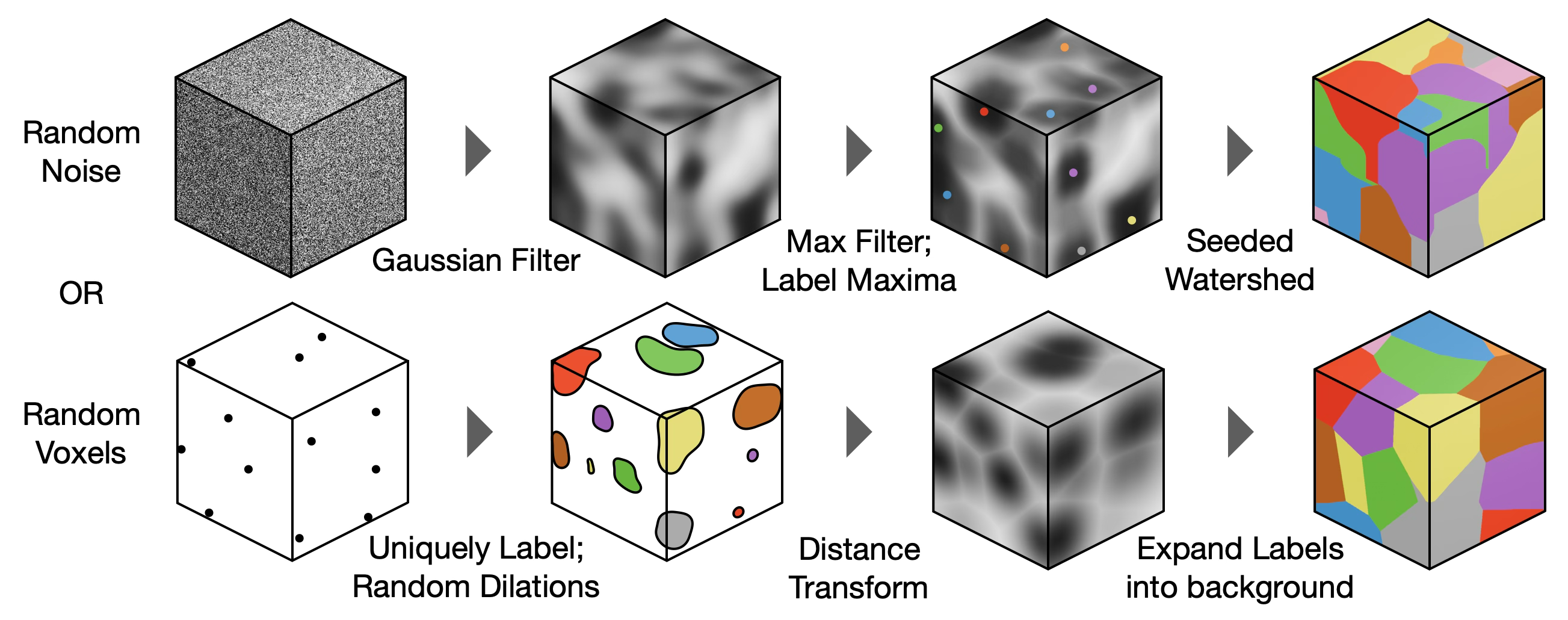 Generation of 3D synthetic data through a series of morphological operations and transformations applied to a random array of noise or foreground voxels.